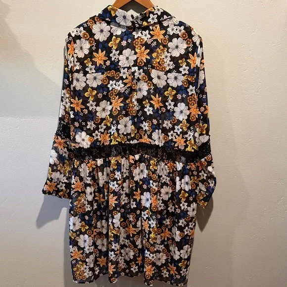 Sandro Paris Reyes Floral Button-Front Sheer Smock Dress in Black & Mustard - Picture 9 of 16